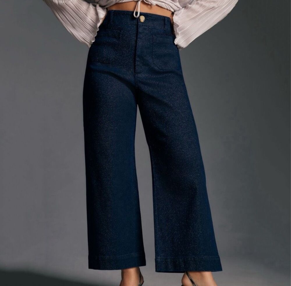 Maeve Colette Sparkle High-Rise Wide-Leg Cropped Jeans from Anthropologie Blue S